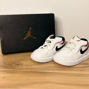 Jordan Kids White and Black Sneakers with Red Accents